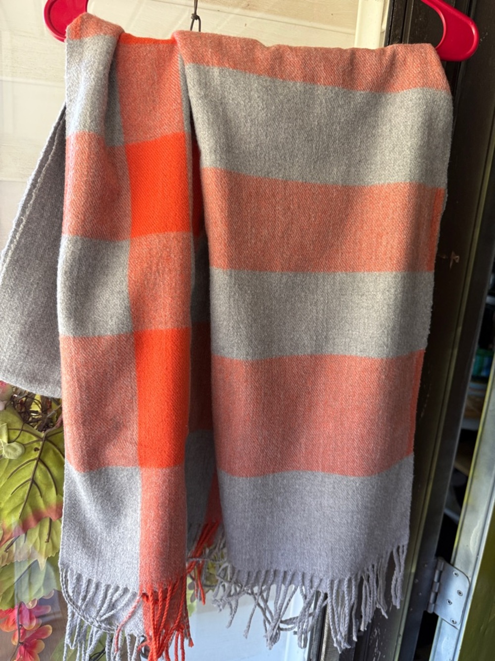 Cozy Orange and Gray Striped Fringe Blanket Scarf